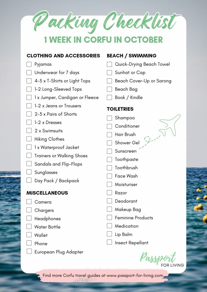 A free printable packing checklist for Corfu in October, including clothing and accessories, beach and swimming items, hiking clothes and footwear and toiletries.