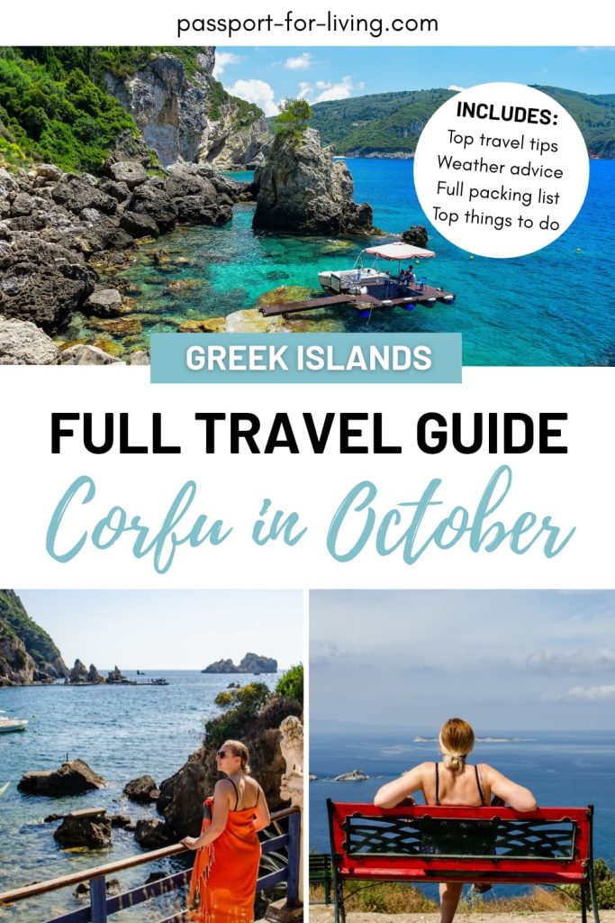 Pinterest graphic with photos of Corfu on sunny days, showing Zara Aitken overlooking amazing viewpoints and beaches. The text reads 'Full travel guide to Corfu in October' with the passport-for-living.com website credit at the top.