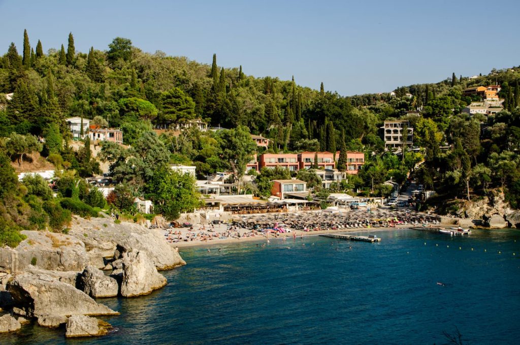 A busy beach in Corfu in September, showing how busy the beaches can get in peak summer months.