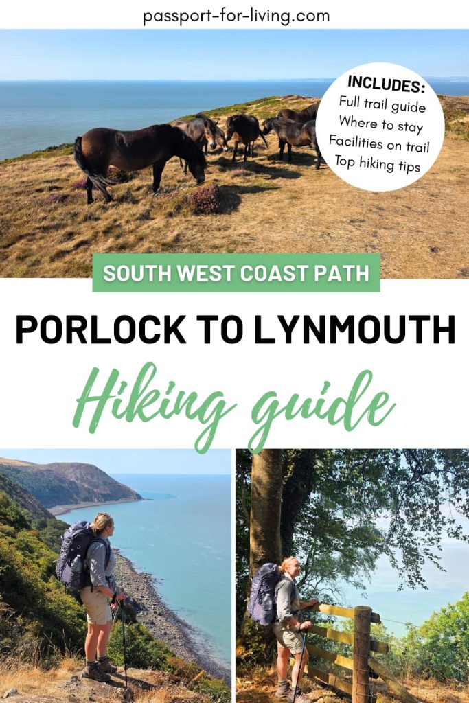 Pinterest image showing various scenes on the Porlock to Lynmouth hiking trail with the wording overlay reading 'Porlock to Lynmouth Hiking Guide'