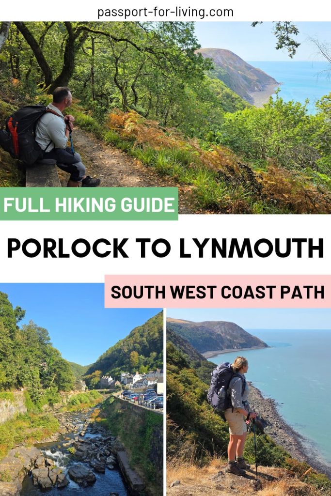 Pinterest image showing various scenes on the Porlock to Lynmouth hiking trail with the wording overlay reading 'Porlock to Lynmouth Hiking Guide'